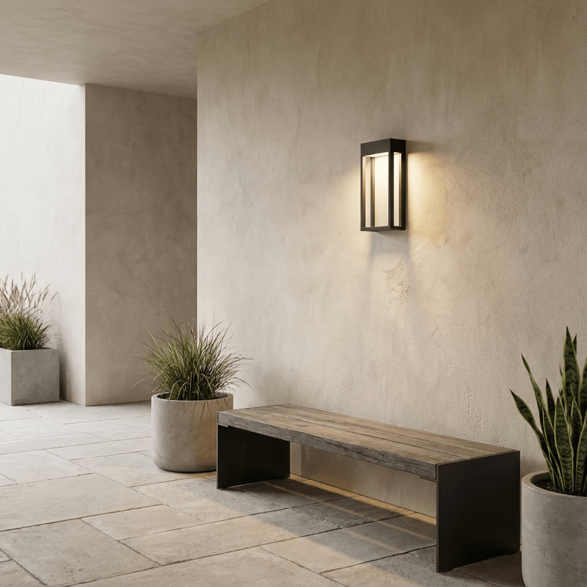 Clérachic grey steel wall sconce mounted above a wooden bench between potted grasses on a daytime patio.
