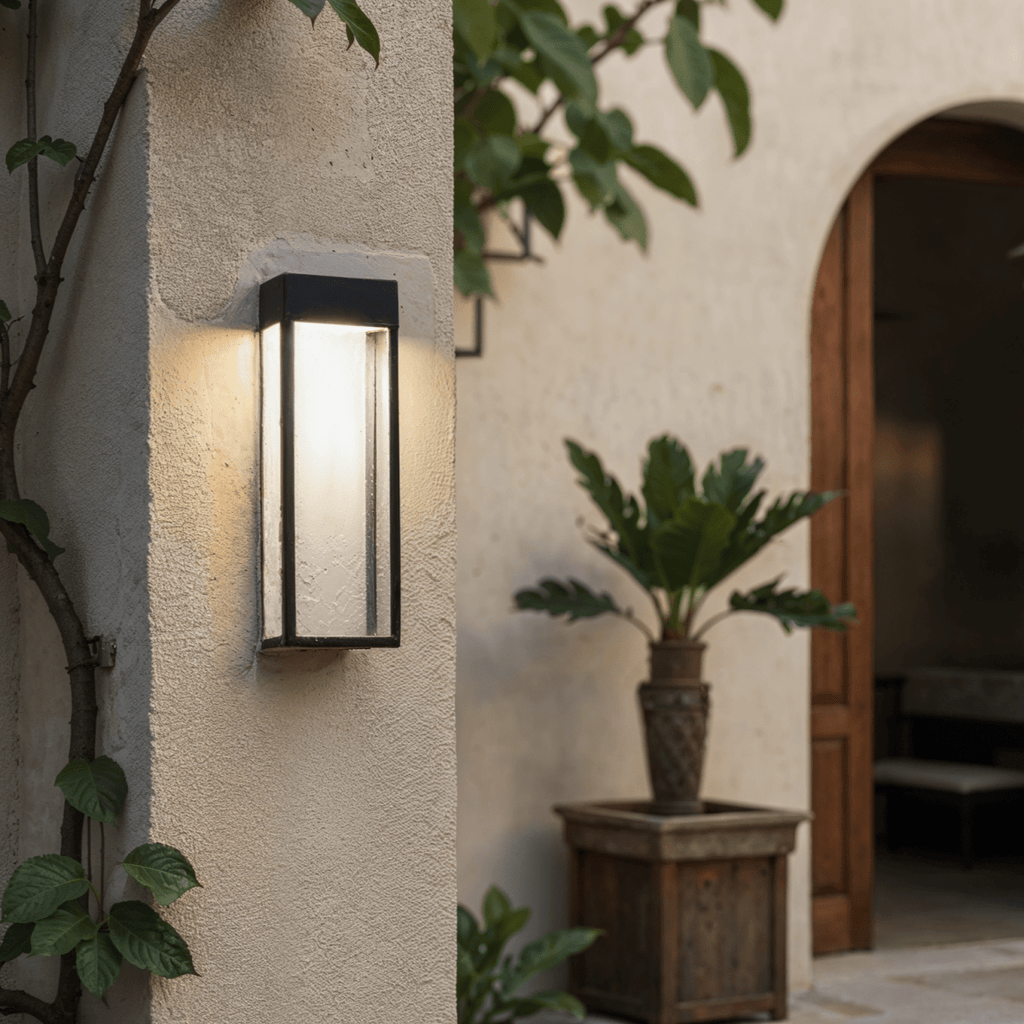 Close view of the lit Clérachic grey steel wall sconce beside climbing vines near an open timber door at dusk.