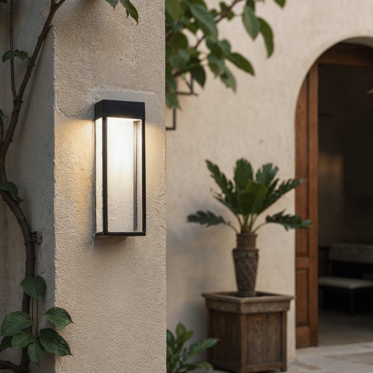 Close view of the lit Clérachic grey steel wall sconce beside climbing vines near an open timber door at dusk.
