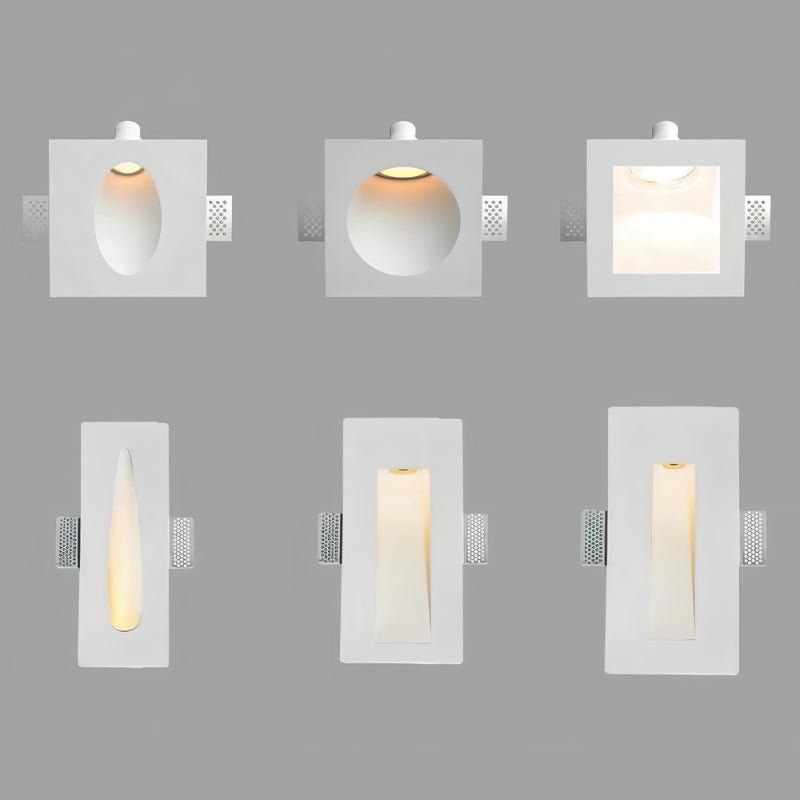 Six Clérachic trimless wall sconce cutout shapes are lined up on gray, from oval and round to slim rectangles.