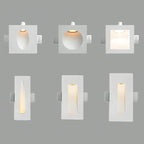 Six Clérachic trimless wall sconce cutout shapes are lined up on gray, from oval and round to slim rectangles.