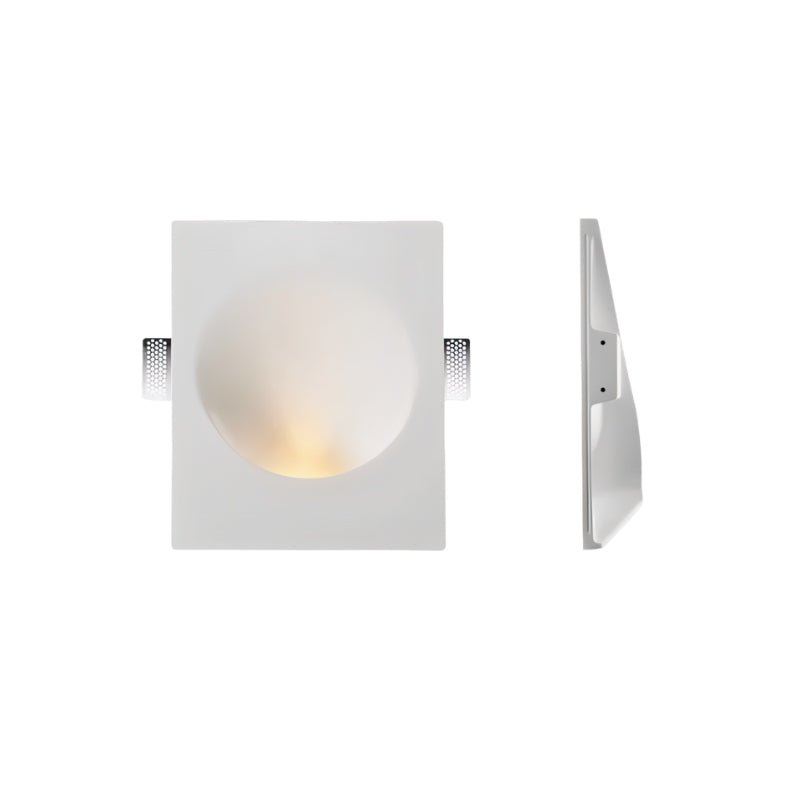 Front and side views show the Clérachic sconce's round dome cutout set into its square gypsum trim plate.