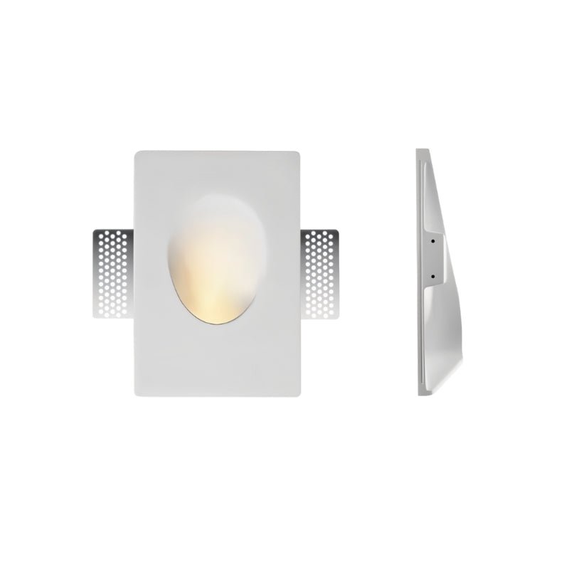 Front and side views show the Clérachic sconce's oval dome cutout set into its square gypsum trim plate.