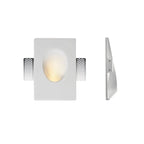Front and side views show the Clérachic sconce's oval dome cutout set into its square gypsum trim plate.