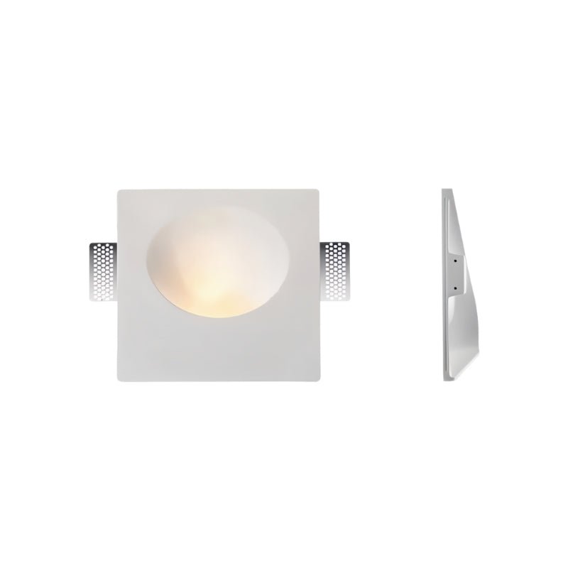 Front and side views show a Clérachic sconce with a wide round dome recessed into a square gypsum plate.