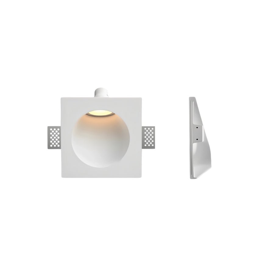 Front and side views show a Clérachic sconce with its bulb visible at the top of a square gypsum housing.