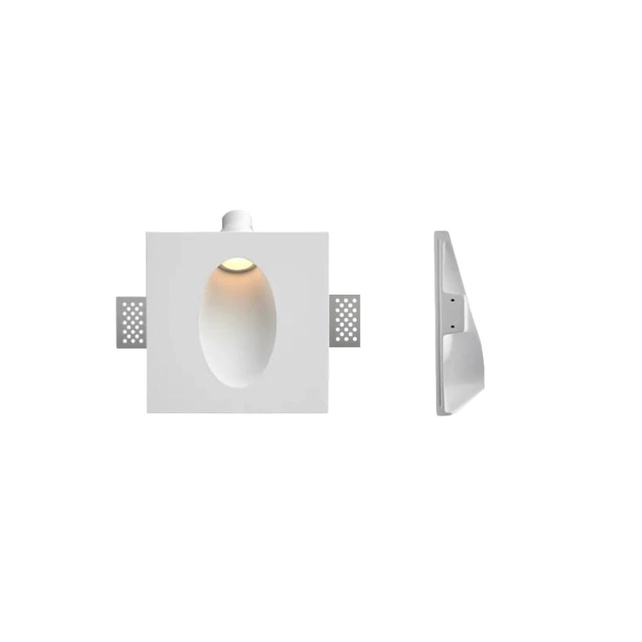 Front and side views show the Clérachic sconce's elongated oval cutout in a square gypsum trim plate.
