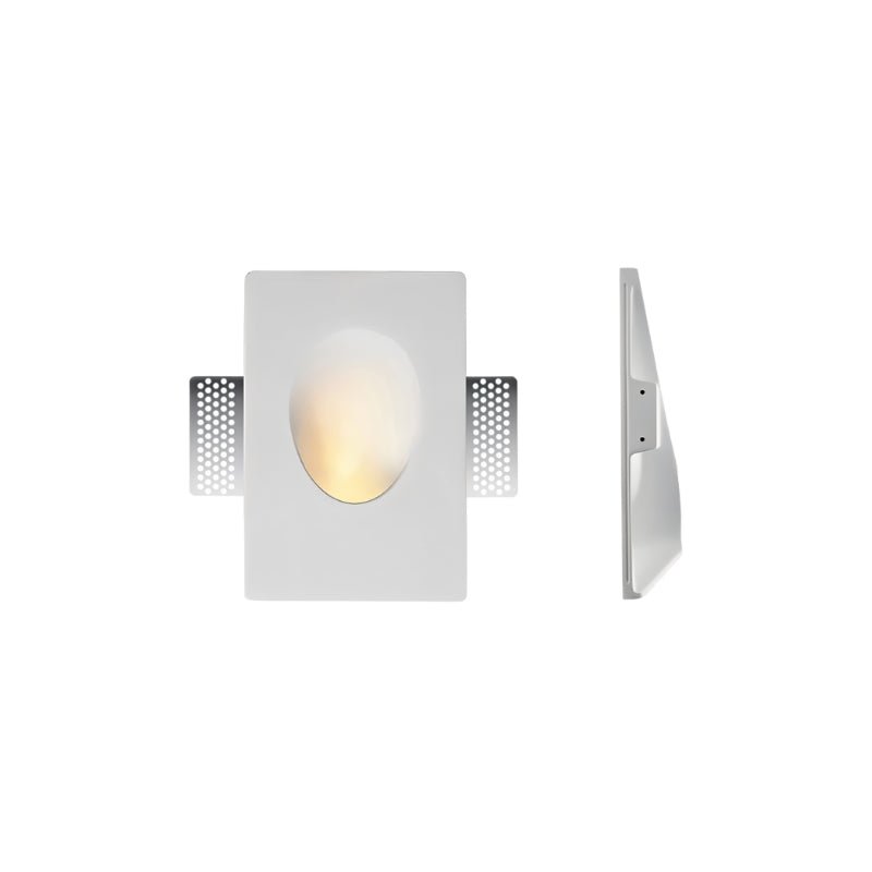 Front and side views show the Clérachic sconce's oval cutout set into a rectangular gypsum trim plate.