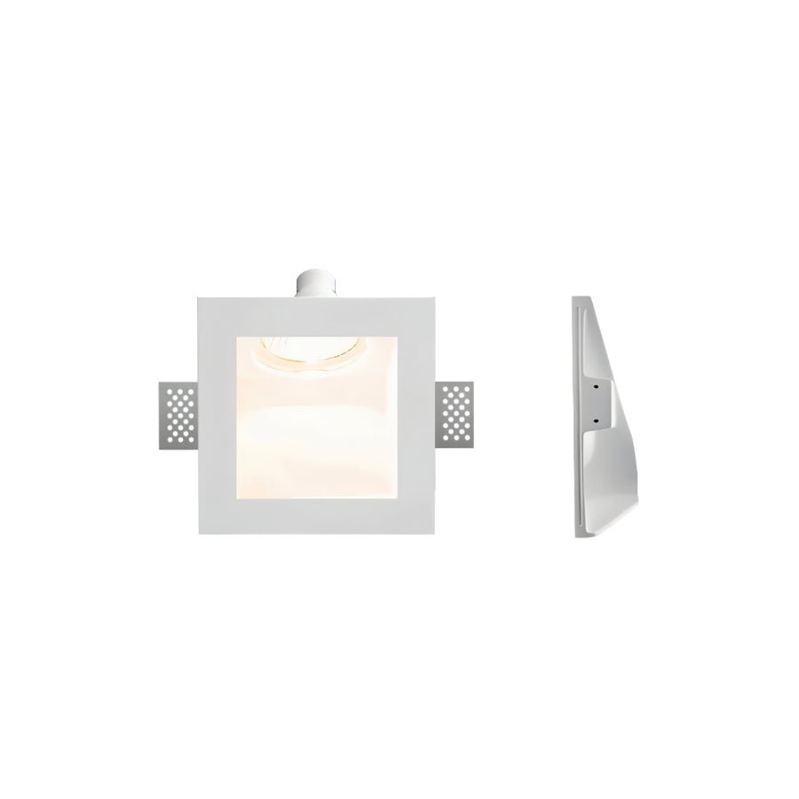 Front and side views show a Clérachic sconce with a visible bulb atop a rectangular gypsum housing.