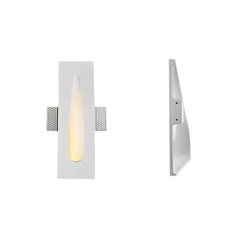 Front and side views show the Clérachic sconce's slim teardrop slit cut into a rectangular gypsum plate.