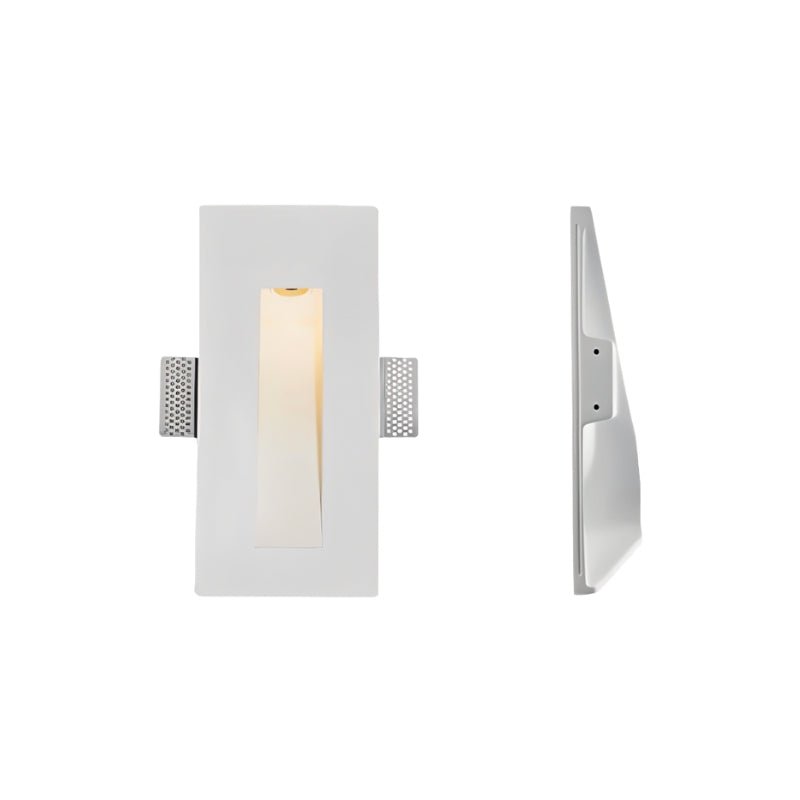 Front and side views show the Clérachic sconce's tall narrow slit set into a rectangular gypsum plate.