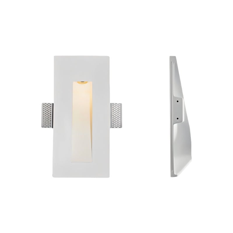 Front and side views show a second Clérachic sconce with a tall narrow slit in a rectangular gypsum plate.
