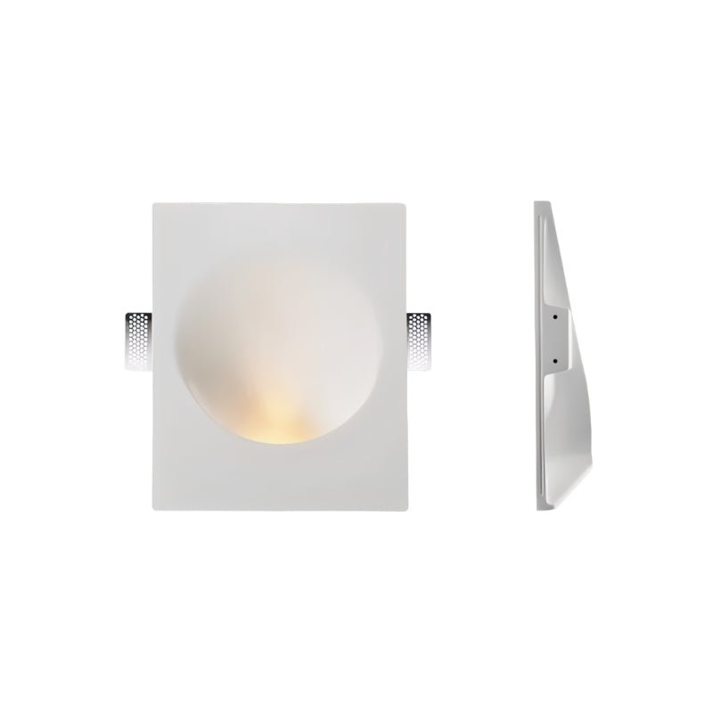 Front and side views show a Clérachic sconce with a round dome set into a square gypsum trim plate.
