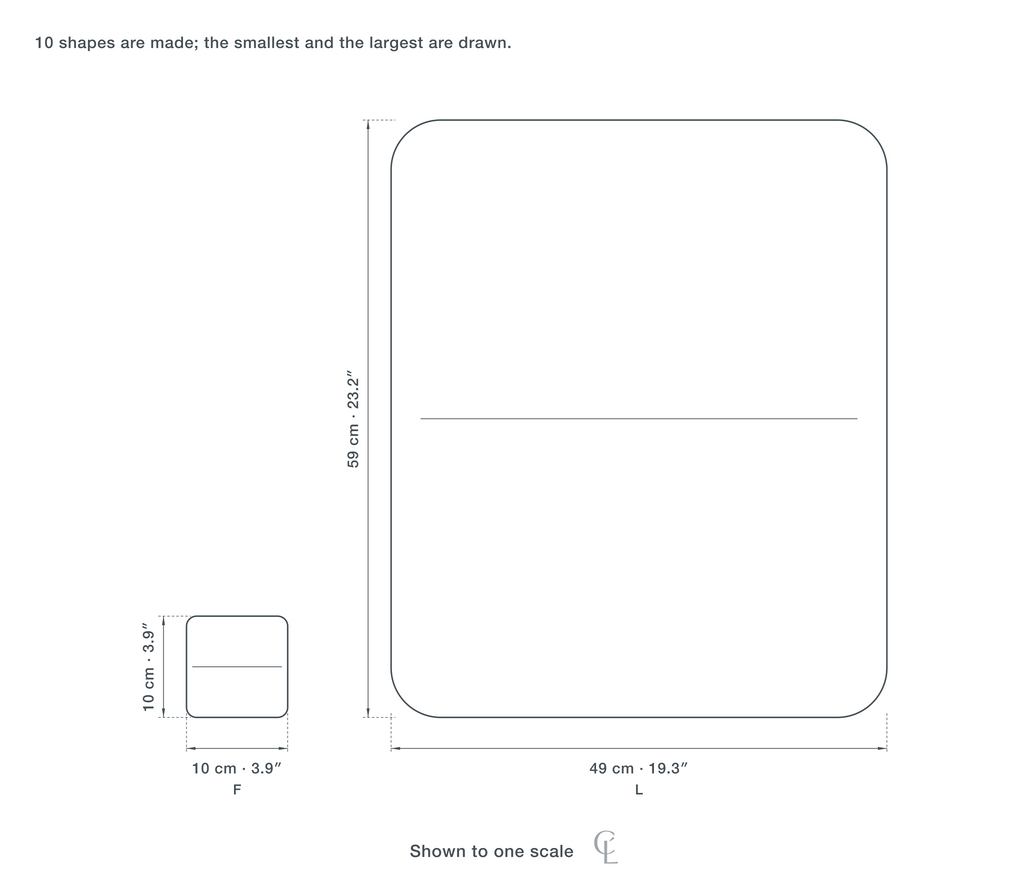 Technical dimension drawing of the Clérachic Gypsum Wall Sconce for Bedroom, Trimless Design, 35 cm in 2 sizes — F at 10 × 10 cm (3.9 × 3.9″), L at 49 × 59 cm (19.3 × 23.2″), drawn to one scale.