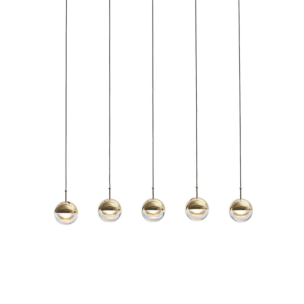 Five small gold-finish Clérachic globe pendants hung in a straight row on thin black cords, on a white backdrop.