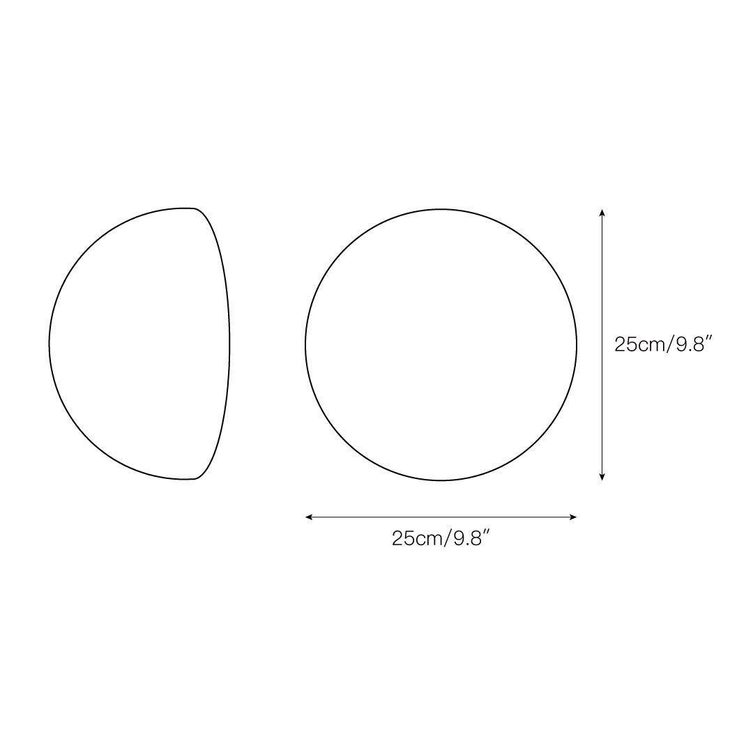 Dimension drawing for the Clérachic Half-Dome Alabaster Wall Sconce, 25cm/9.8″ wide and 25cm/9.8″ high, with the side profile at left.