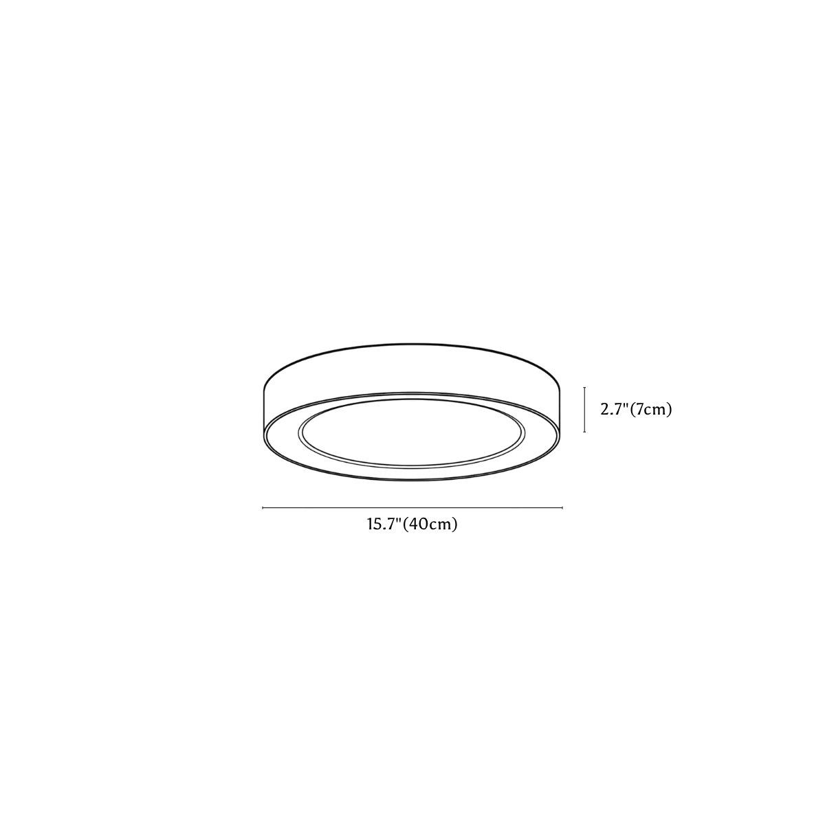 Clérachic ceiling light dimension drawing, 1 of 3, every measurement marked in centimetres and inches.
