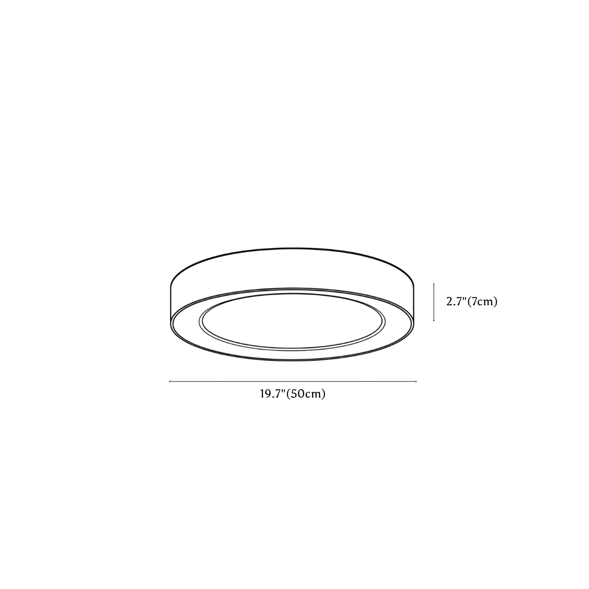 Clérachic ceiling light dimension drawing, 2, every measurement marked in centimetres and inches.