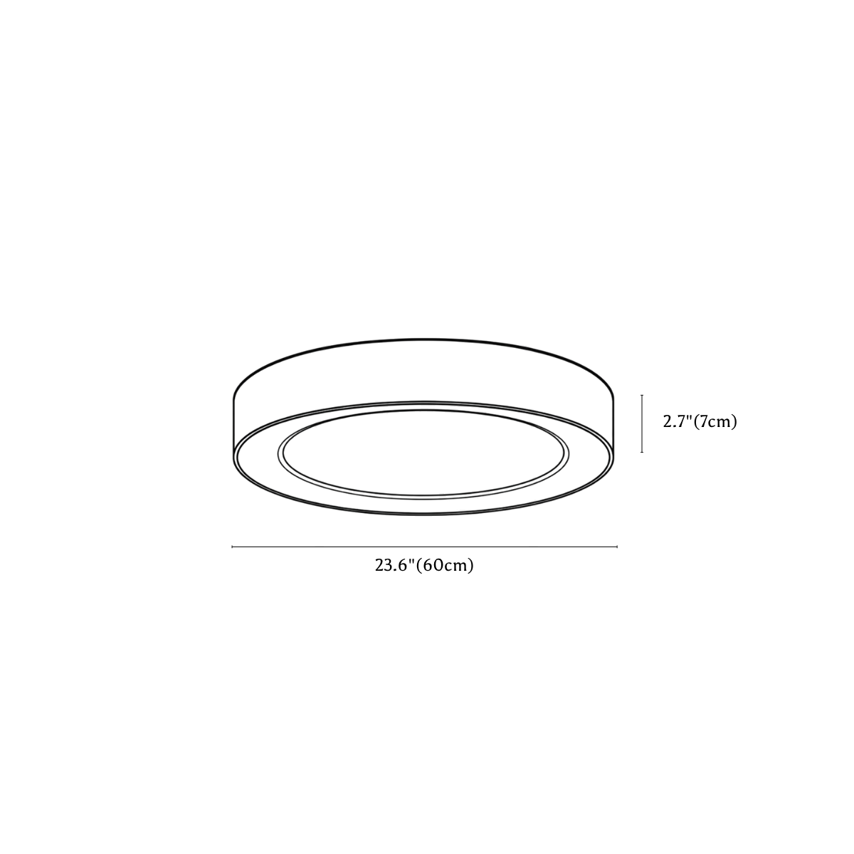 Clérachic ceiling light dimension drawing, 3, every measurement marked in centimetres and inches.