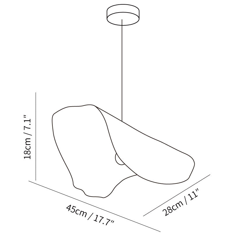 Dimension drawing of the hammered pendant light, in outline against white.