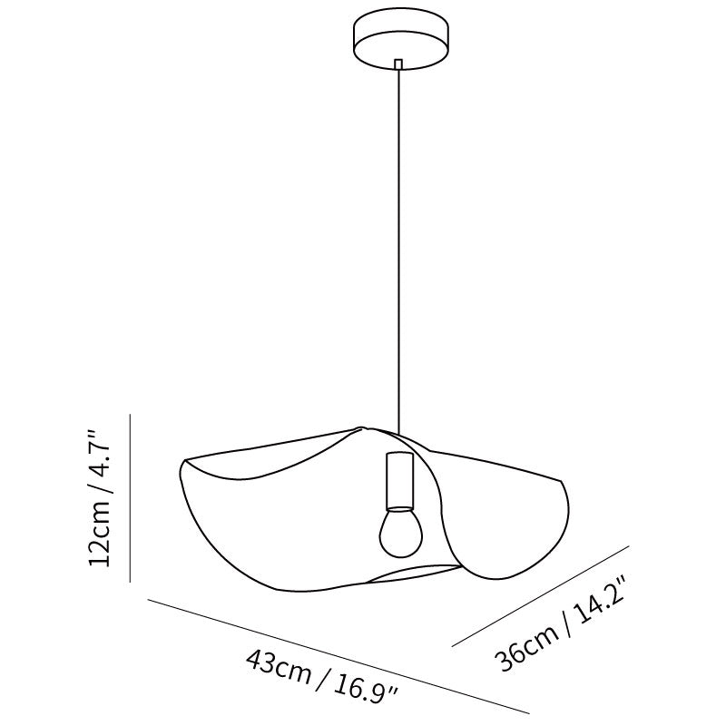Dimension drawing of the hammered pendant light, in outline against white.