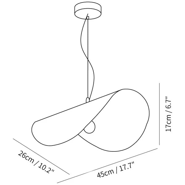 Dimension drawing of the hammered pendant light, in outline against white.