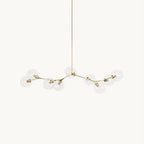 A Clérachic chandelier on a plain white backdrop, with clear glass globes on slim gold arms branching from a long central rod.