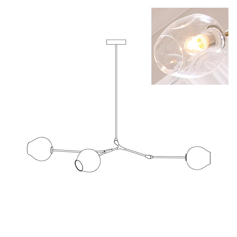 Line drawing of this Clérachic chandelier in its 3-head size, with an inset close view of a clear glass globe.