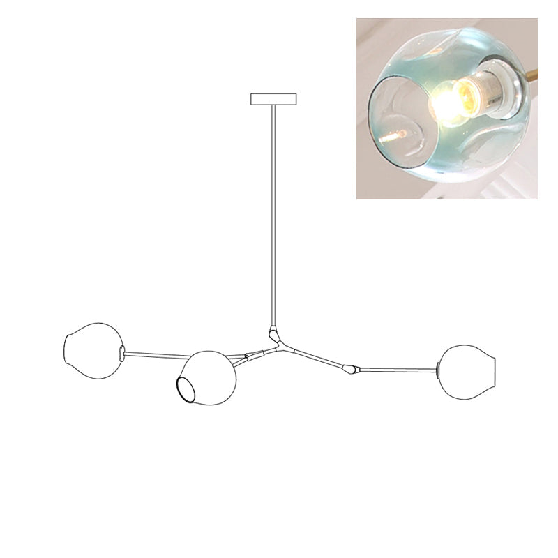 Sketch of the arms and globes on this 3-head Clérachic chandelier, with a corner photo showing the gradient blue glass.