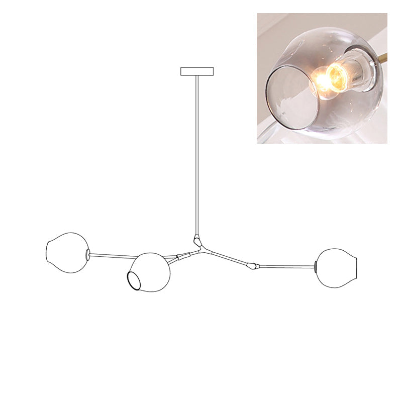 Diagram of this Clérachic chandelier with 3 heads, with a small inset of one gradient grey globe lit from within.