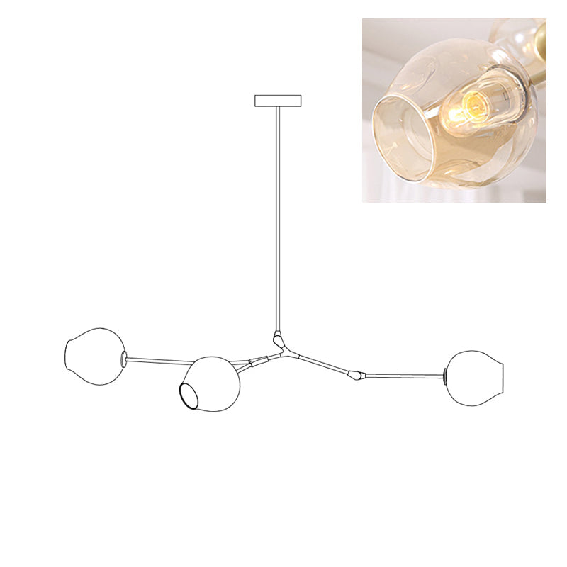 Outline of the 3-head Clérachic chandelier on white, paired with a small photo of a lit amber glass globe.