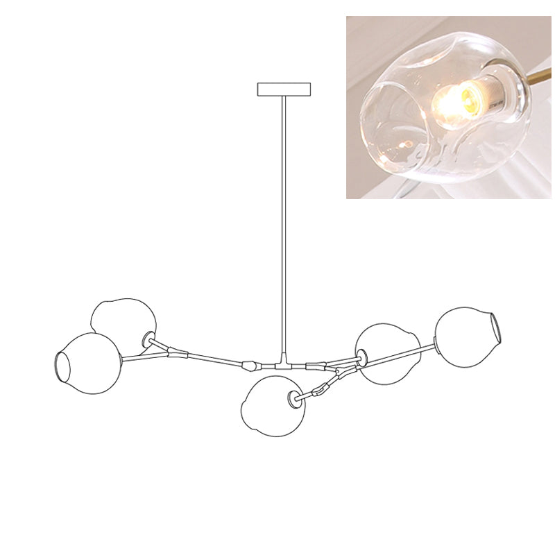 Line drawing of this Clérachic chandelier in its 5-head size, with an inset close view of a clear glass globe.