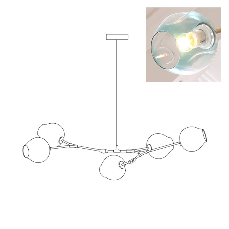 Sketch of the arms and globes on this 5-head Clérachic chandelier, with a corner photo showing the gradient blue glass.