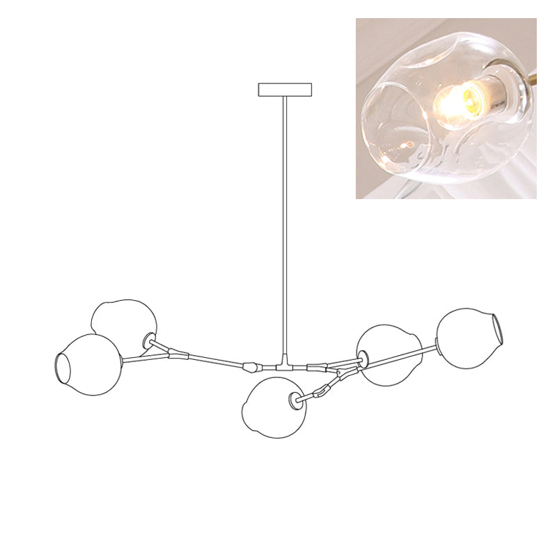 Outline of the 5-head Clérachic chandelier on white, paired with a small photo of a lit clear glass globe, a second view of the same drawing.