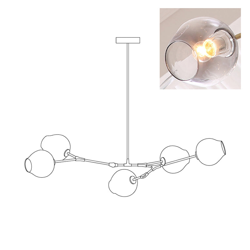 Diagram of this Clérachic chandelier with 5 heads, with a small inset of one gradient grey globe lit from within.