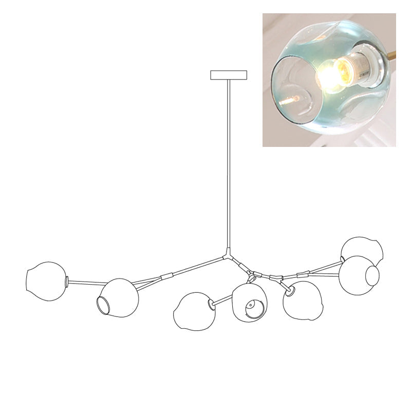 Sketch of the arms and globes on this 7-head Clérachic chandelier, with a corner photo showing the gradient blue glass.