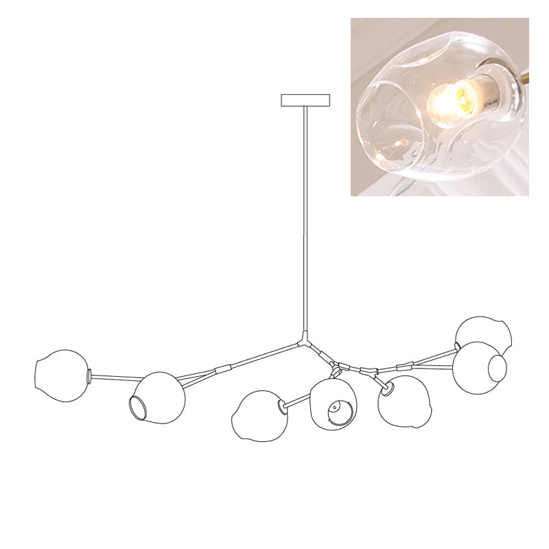 Outline of the 7-head Clérachic chandelier on white, paired with a small photo of a lit clear glass globe, a second view of the same drawing.