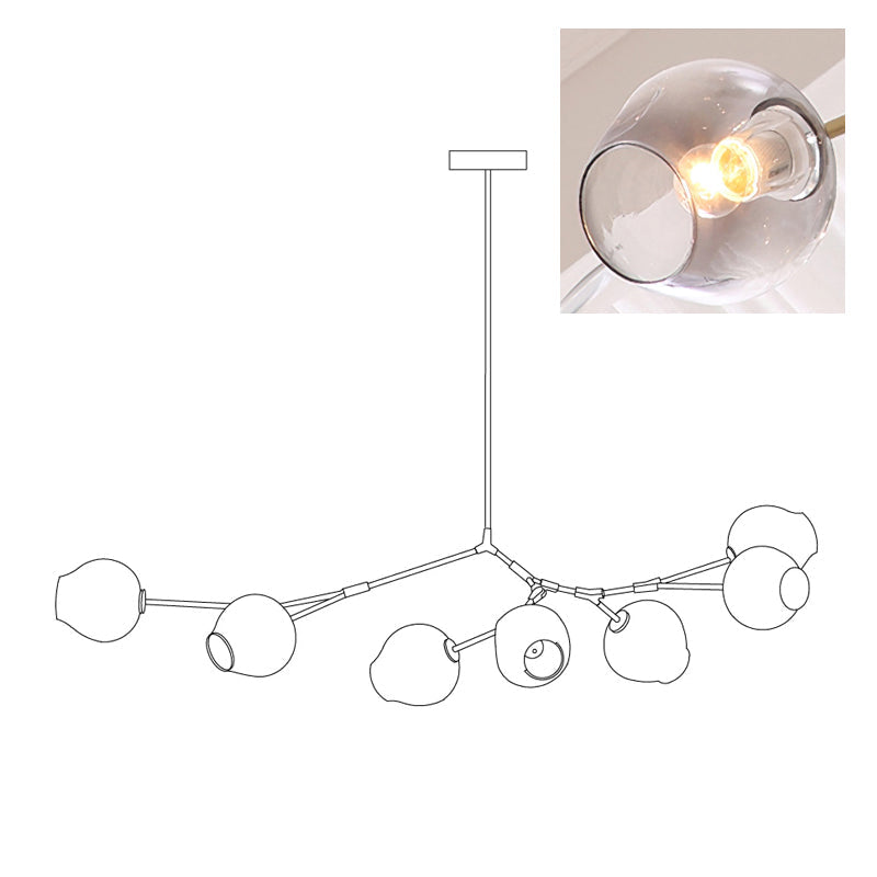 Diagram of this Clérachic chandelier with 7 heads, with a small inset of one gradient grey globe lit from within.