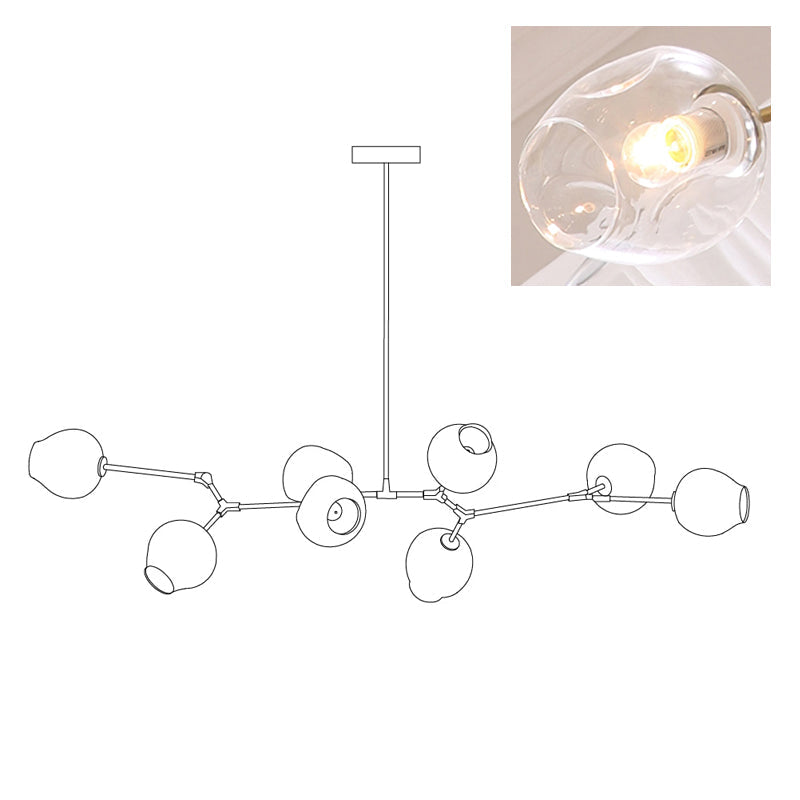 Line drawing of this Clérachic chandelier in its 8-head size, with an inset close view of a clear glass globe.