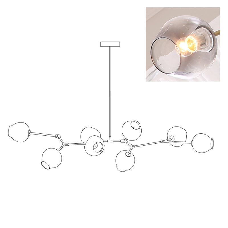 Diagram of this Clérachic chandelier with 8 heads, with a small inset of one gradient grey globe lit from within.