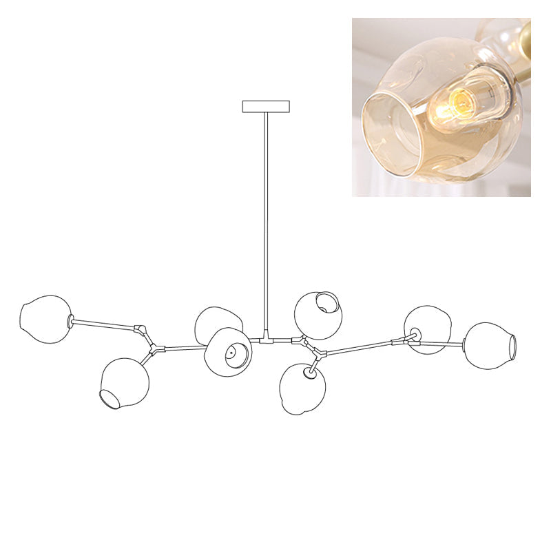 Outline of the 8-head Clérachic chandelier on white, paired with a small photo of a lit amber glass globe.