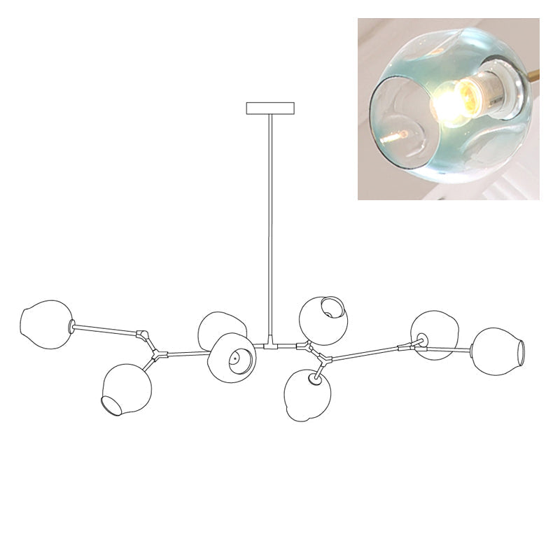 Diagram of this Clérachic chandelier with 8 heads, with a small inset of one gradient blue globe lit from within, a second view of the same drawing.
