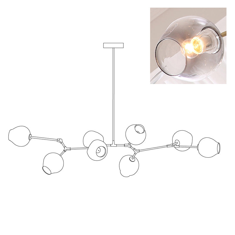 Line drawing of this Clérachic chandelier in its 8-head size, with an inset close view of a gradient grey glass globe, a second view of the same drawing.