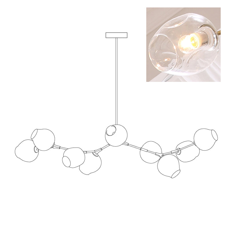 Line drawing of this Clérachic chandelier in its 9-head size, with an inset close view of a clear glass globe.
