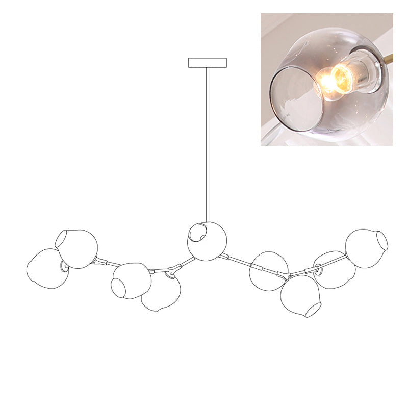 Diagram of this Clérachic chandelier with 9 heads, with a small inset of one gradient grey globe lit from within.
