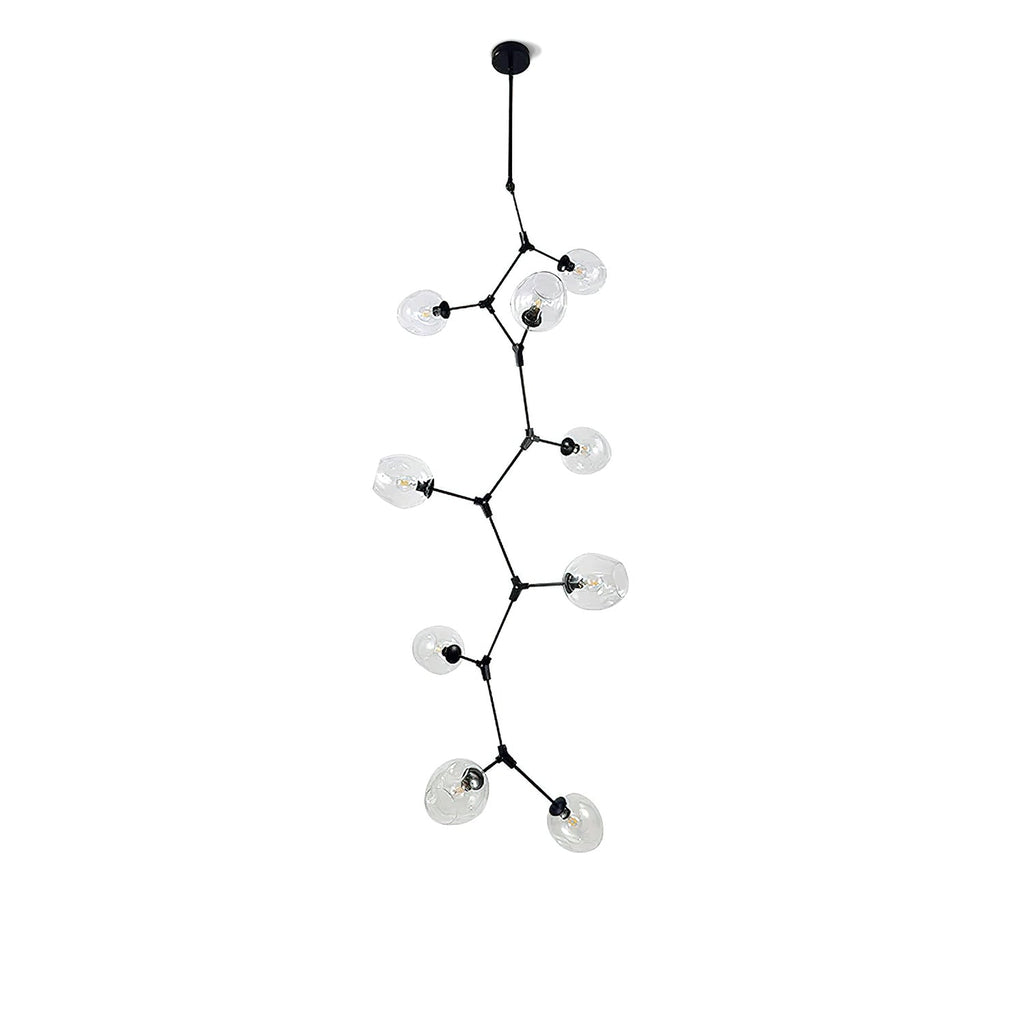 Black-framed Clérachic chandelier with clear globes, cut out on white, its arms zigzagging down from a short ceiling rod.