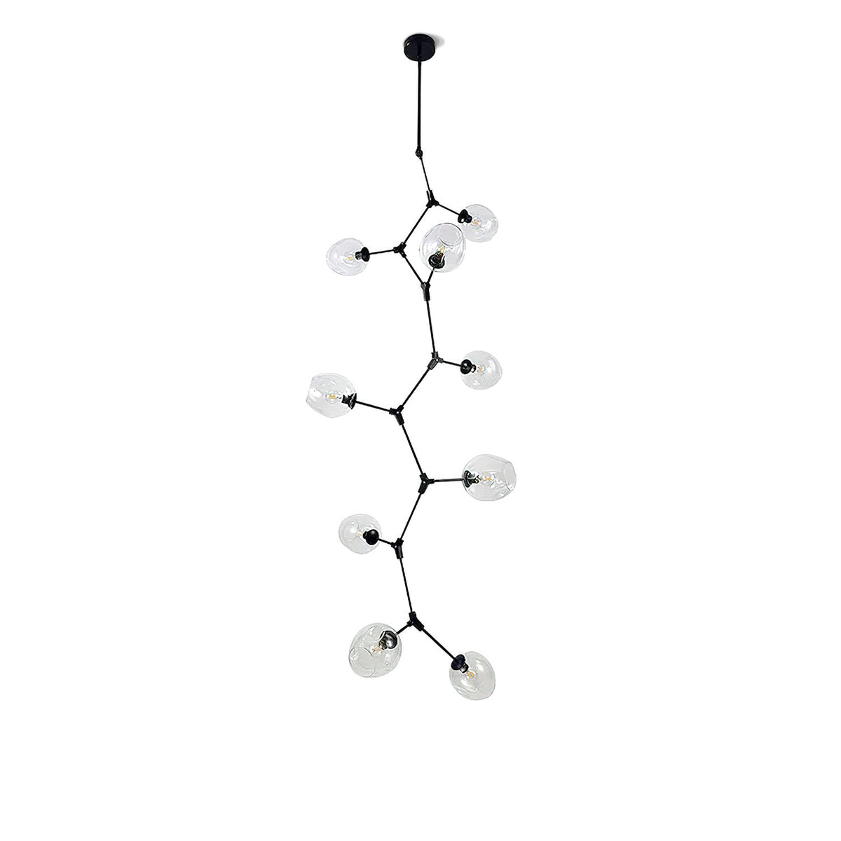 Black-framed Clérachic chandelier with clear globes, cut out on white, its arms zigzagging down from a short ceiling rod.