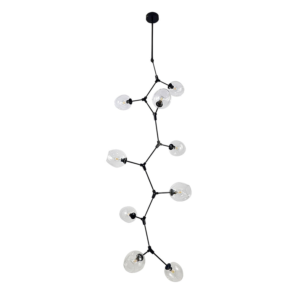 Black Clérachic vertical chandelier on a plain white backdrop, with ten clear globes along a zigzag of thin arms below a ceiling rod.