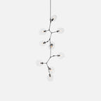 A Clérachic chandelier with clear globes and a dark frame, on a pale grey backdrop, hanging from a single fine rod.