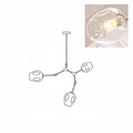 Line drawing of the 3-head Clérachic chandelier, with an inset close view of a lit clear glass globe.